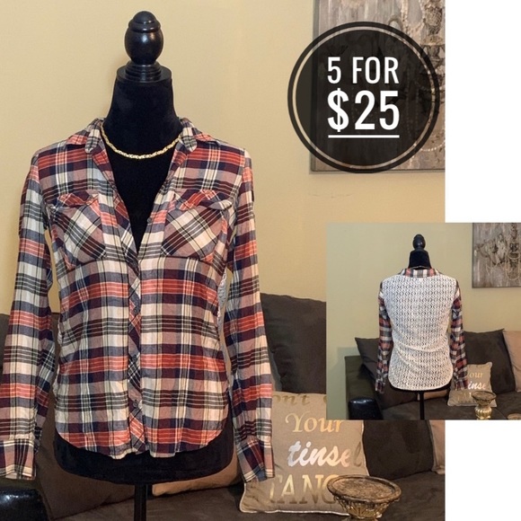 Lucky Brand Tops - 💜5/$25💜 LUCKY BRAND | Plaid Lace Back Shirt